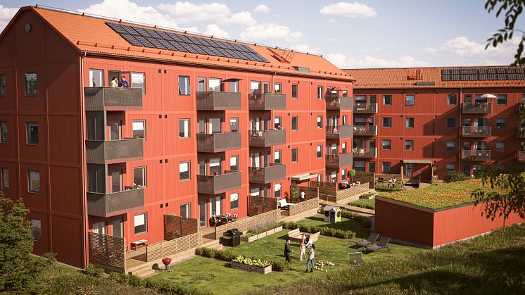 Illustration av innergården med gemensamma grönytor och mötesplatser i BoKlok Golfklubban i Kallfors, Järna.