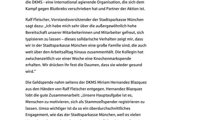Stadtsparkasse München spendet 20.860 Euro für Suche nach Stammzellenspender für eine lebensbedrohlich erkrankte Mitarbeiterin