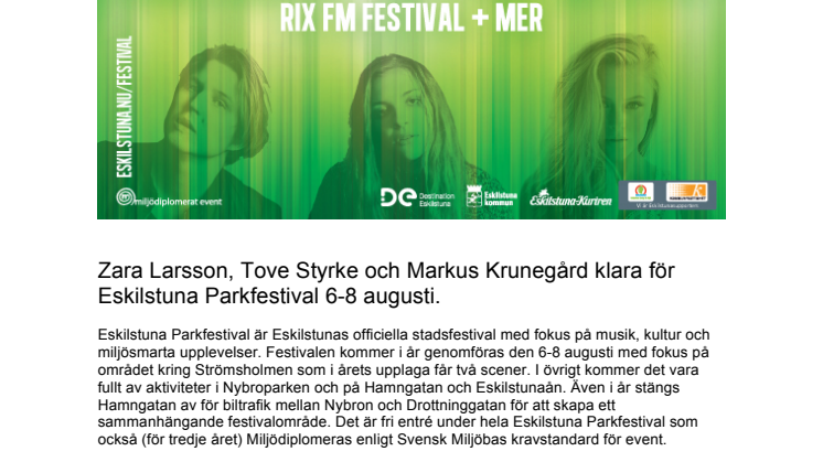 Zara Larsson, Tove Styrke och Markus Krunegård till Eskilstuna Parkfestival 6-8 augusti
