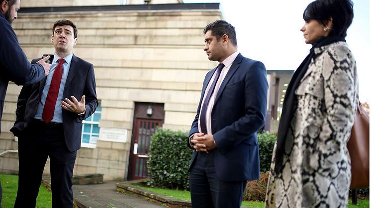 Cllr Rishi Shori joins Andy Burnham at the town centres launch in Bury