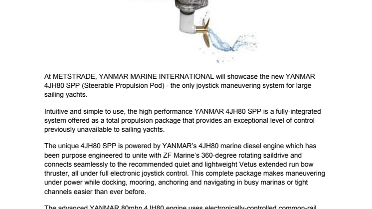 YANMAR 4JH80 SPP Total Propulsion Package Offers Sailing Yachts Full Electronic Joystick Control