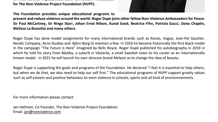 Model Roger Dupe appointed  as new Non-Violence Ambassador 