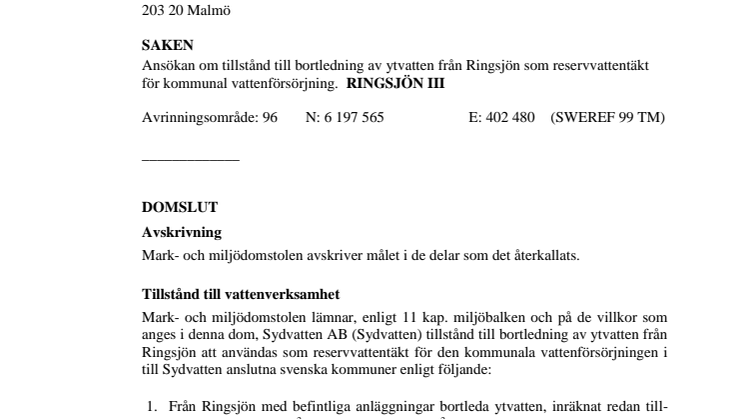 Dom Ringsjön Mark- och miljödomstolen