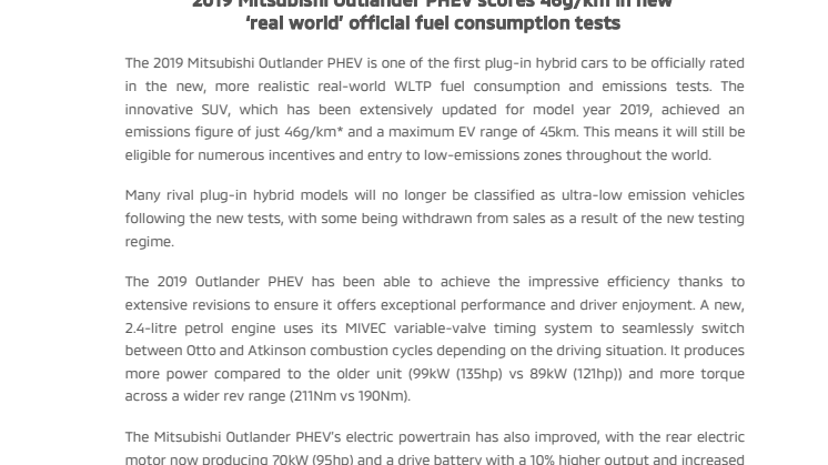 2019 Mitsubishi Outlander PHEV scores 46g/km in new "real world" official fuel consumption tests