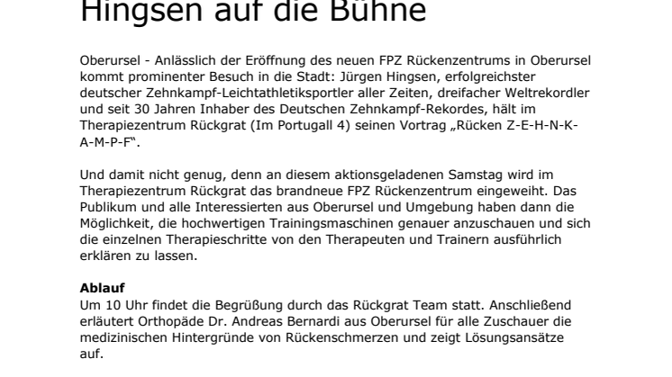 Therapiezentrum Rückgrat holt Zehnkampf-Legende Jürgen Hingsen auf die Bühne