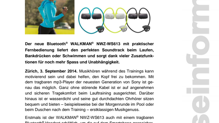 Musikgenuss beim Training: der tragbare, wasserdichte  WALKMAN® NWZ-WS613 von Sony mit Bluetooth® Technologie