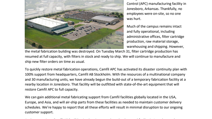 Camfil Air Pollution Control in Arkansas, USA still going strong after EF-3 tornado 