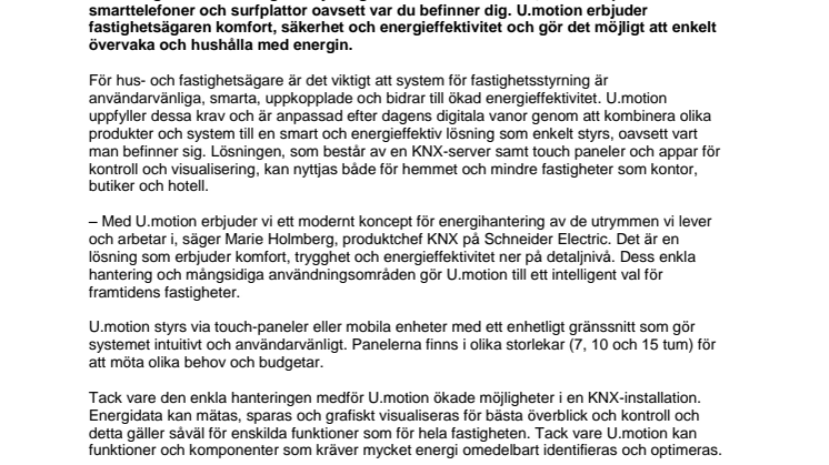 Schneider Electric lanserar U.motion – smart rumsstyrning för det moderna och uppkopplade livet