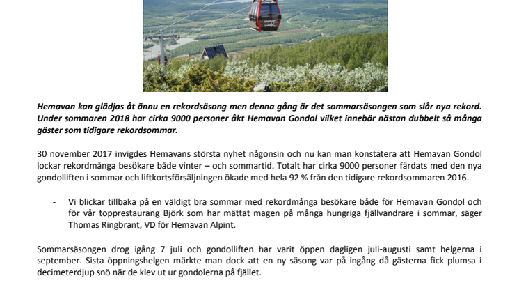 Hemavan Gondol en succé även för sommarturismen