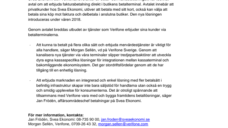 Svea Ekonomi sluter avtal med Verifone om fakturabetalning via betalterminaler