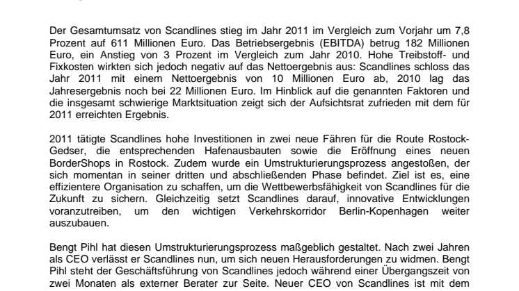 Scandlines präsentiert Jahresbericht 2011 / Søren Poulsgaard Jensen wird neuer CEO 