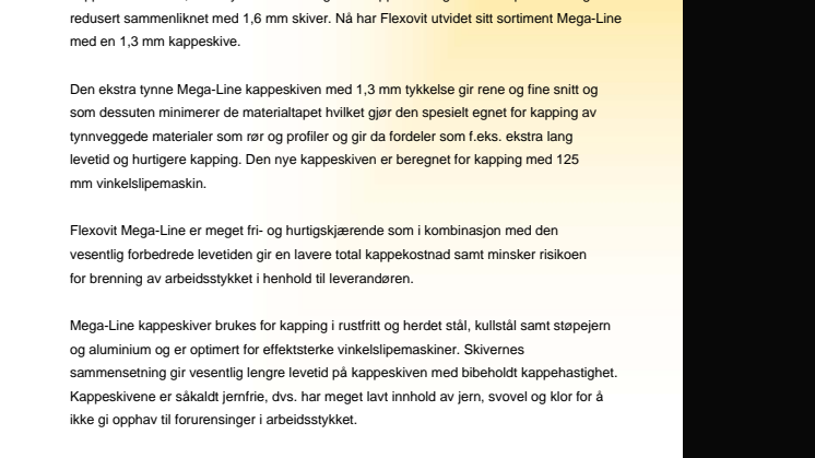 Flexovit lanserer ny kappeskive med 1,3 mm tykkelse
