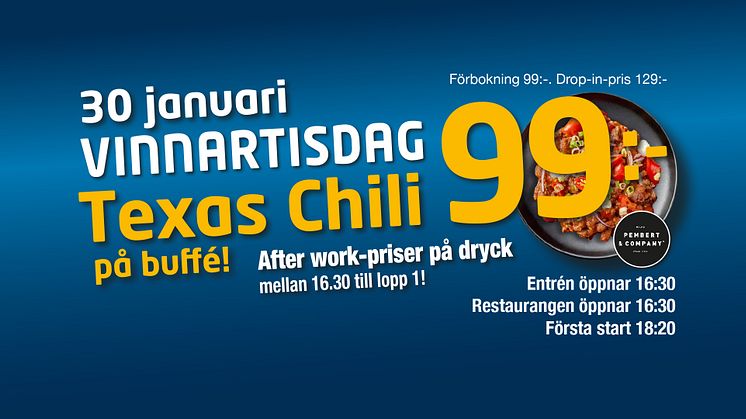 Entré, mat, stallbacksvisning, speltips, spelskola – allt för 99 kr. Dessutom inleds kvällen med AW–priser på dryck.