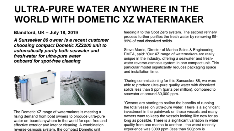 Ultra-Pure Water Anywhere in the World with Dometic XZ Watermaker