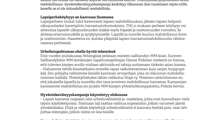 Hopen Anna mahdollisuus -hyväntekeväisyyskampanja kerää harrastusvälineitä vähävaraisten perheiden lapsille ja nuorille