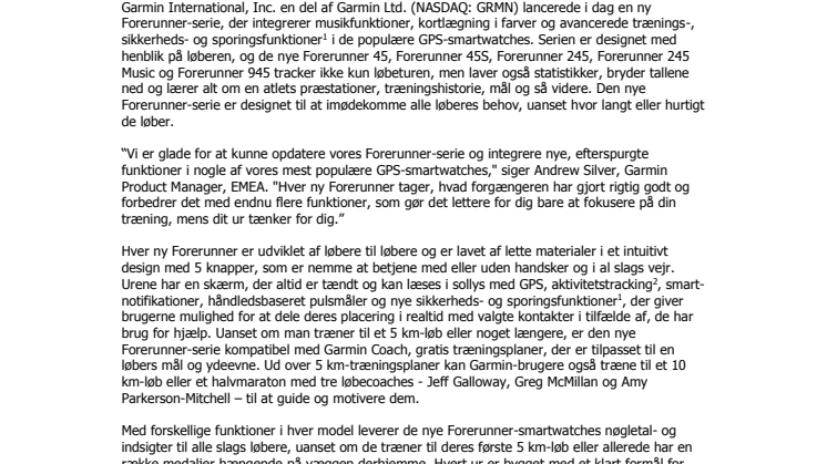 Garmin® lancerer en helt ny Forerunner® serie af GPS-smartwatches som er skabt til løbere