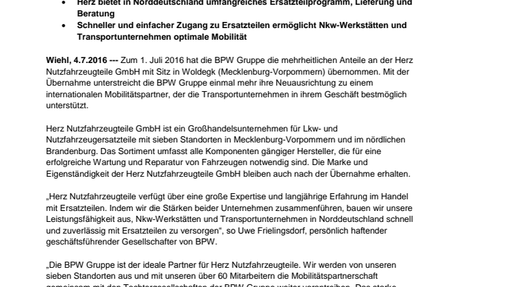 BPW Gruppe baut Mobilitätspartnerschaft mit Übernahme von Herz Nutzfahrzeugteile weiter aus