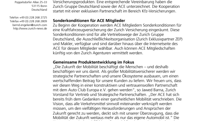 Zurich und der ACE, Auto Club Europa e.V. vereinbaren Kooperation