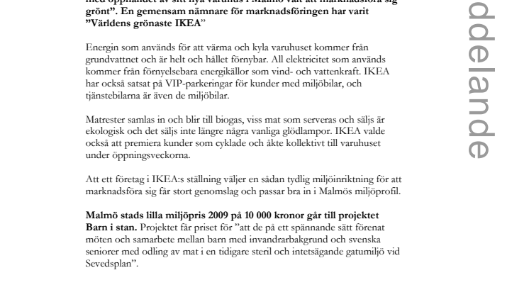IKEA får Malmö stads miljöpris 2009