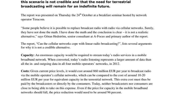 Unrealistic to substitute broadcast radio with distribution via cellular networks