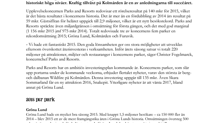 Parks and Resorts omsatte över en miljard 2015