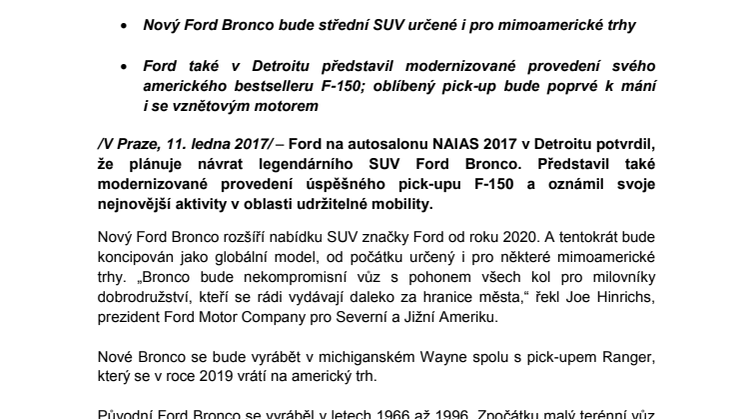 Ford oznámil návrat legendárního modelu Bronco