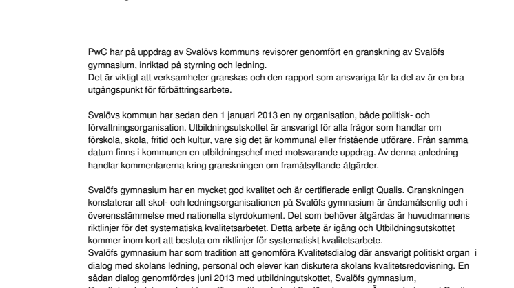 Svar på granskningsrapport av Svalöfs gymnasium