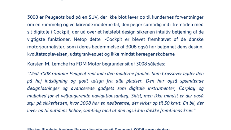 Peugeot 3008 valgt som Årets Bil i Danmark 2017