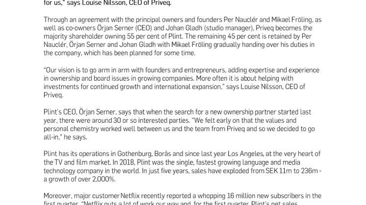 Priveq new major owner of language company Plint