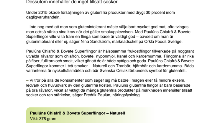 Paulúns lanserar glutenfria frukostflingor 