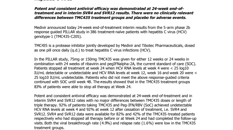 Medivir Announces Phase 2b 24-week Interim Results of TMC435 in Treatment-naïve Patients Chronically Infected with Genotype-1 Hepatitis C Virus