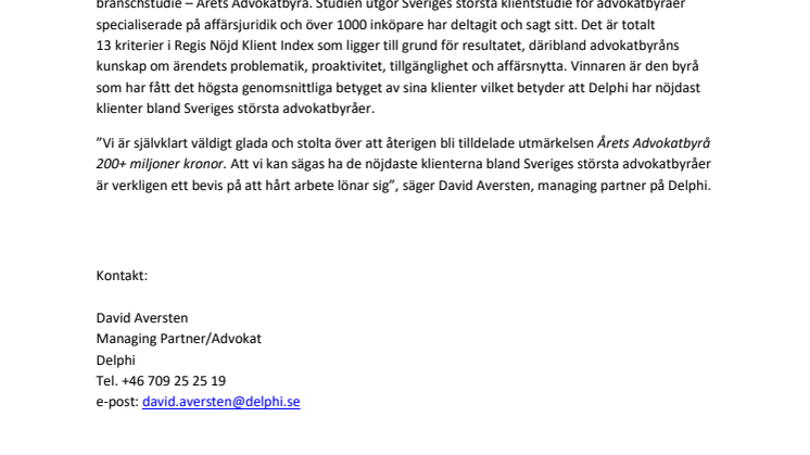 ​  Delphi återigen utsedd till Årets Advokatbyrå 
