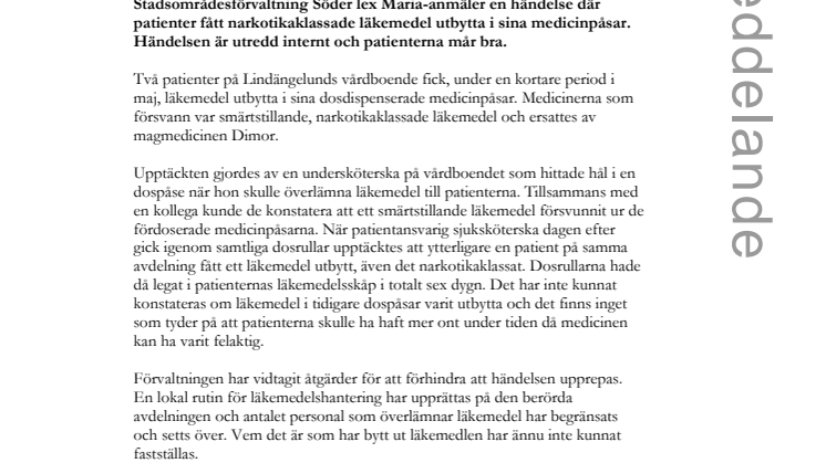 Utbyte av läkemedel anmäls enligt Lex Maria