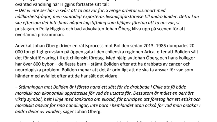 Vinnare av hållbarhetspris ger prissumman vidare till offren för svensk gruvdrift