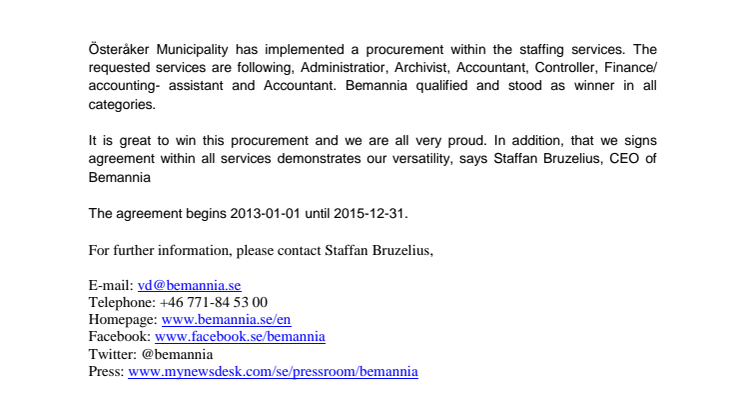 Bemannia is victorious once again and signs agreement with Österåker Municipality