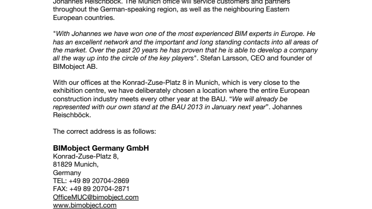 BIMobject AB establishes subsidiary in Germany