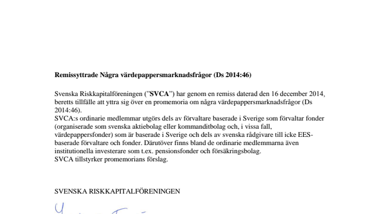Remissyttrade Fi2014/4475 Några värdepappersmarknadsfrågor (Ds 2014:46)