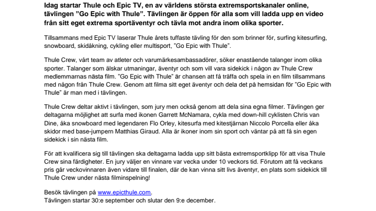 Thule och Epic TV startar tävling för alla actionsportfantaster – ’Go Epic with Thule!’