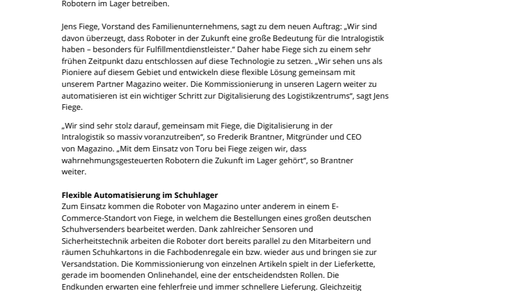 Riesiger Folgeauftrag: FIEGE Logistik ordert Roboterflotte bei Magazino