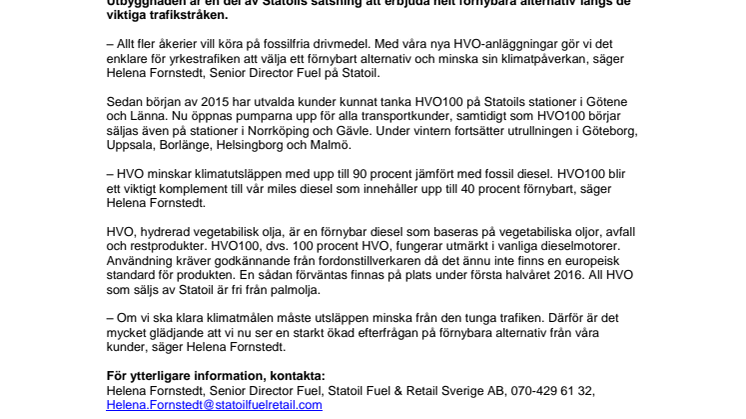 Statoil fortsätter att rulla ut fossilfritt för tung trafik