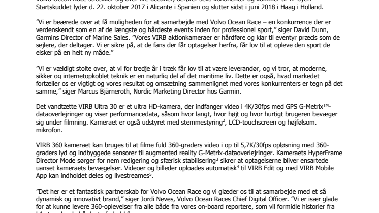 Garmin® valgt som officiel leverandør til Volvo Ocean Race