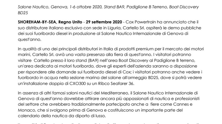 Cox Powertrain presenterà il CXO300 al Salone Nautico di Genova