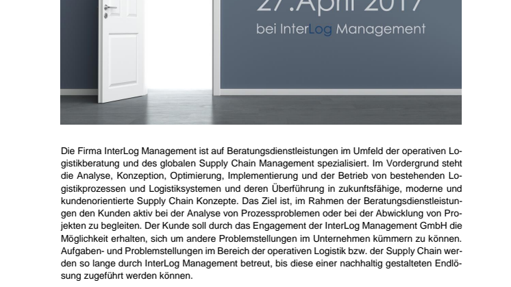 27. April 2017 Tag der Logistik | InterLog Management - ein praxisorientierter Logistikberater öffnet die Türen!