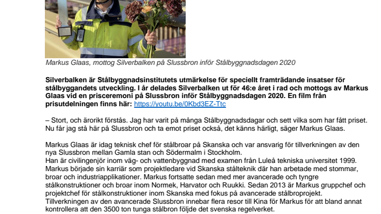 Markus Glaas, årets mottagare av Silverbalken