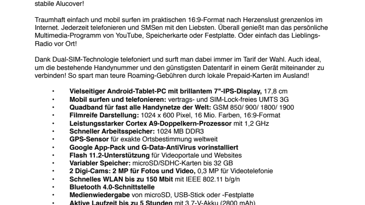 TOUCHLET 7"-Android-Tablet-PC SX7.v2 mit UMTS 3G, GPS, BT, Android 4.1