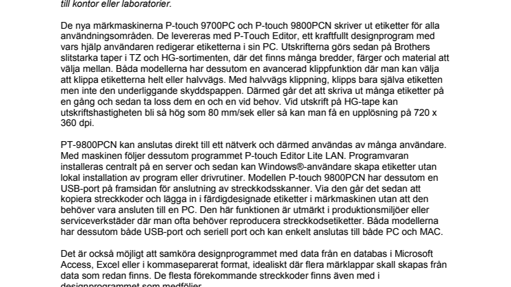 Brother International Sweden AB: Nya märkmaskiner från Brother för märkning i mästarklass