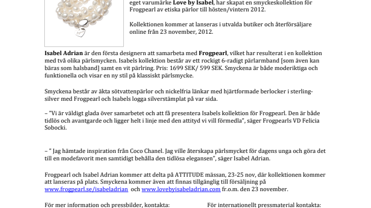 Isabel Adrian lanserar kollektion för Frogpearl 