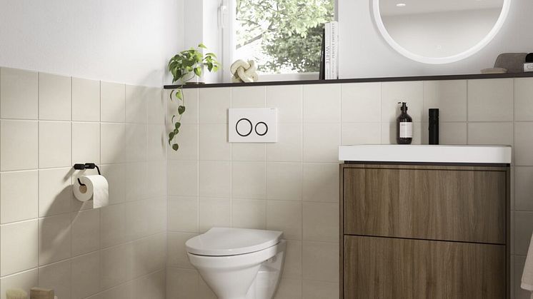 IDO Glow Classic wc-istuin, IDO Sense Art allaskaappi ja Geberit Option Round peili