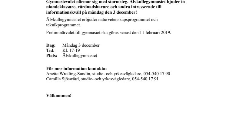 Pressinbjudan: Informationskväll på Älvkullegymnasiet
