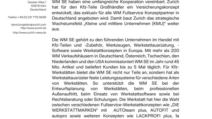 Ausweitung des Mittelstands-Geschäfts: Zurich und WM SE vereinbaren Kooperation